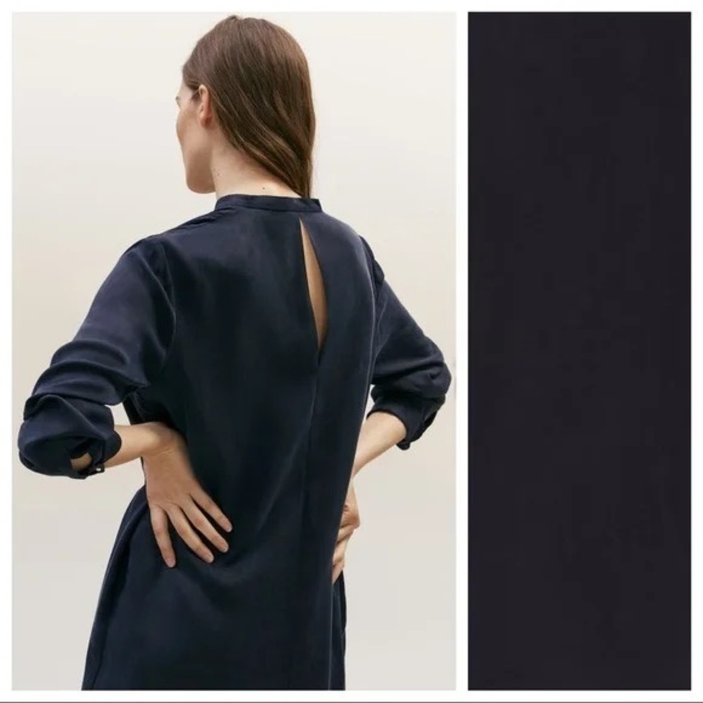 Massimo Dutti Cupro V-Neck Navy Blue Midi Dress